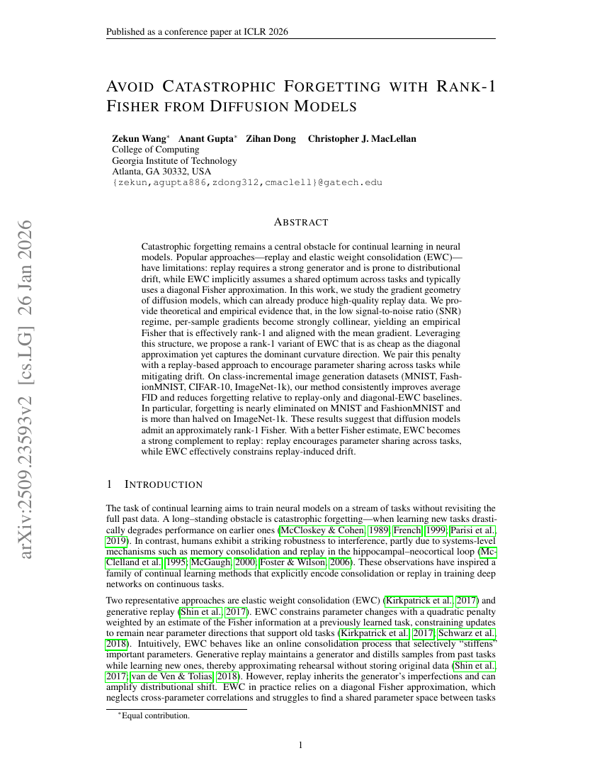 First page of Avoid Catastrophic Forgetting with Rank-1 Fisher from Diffusion Models