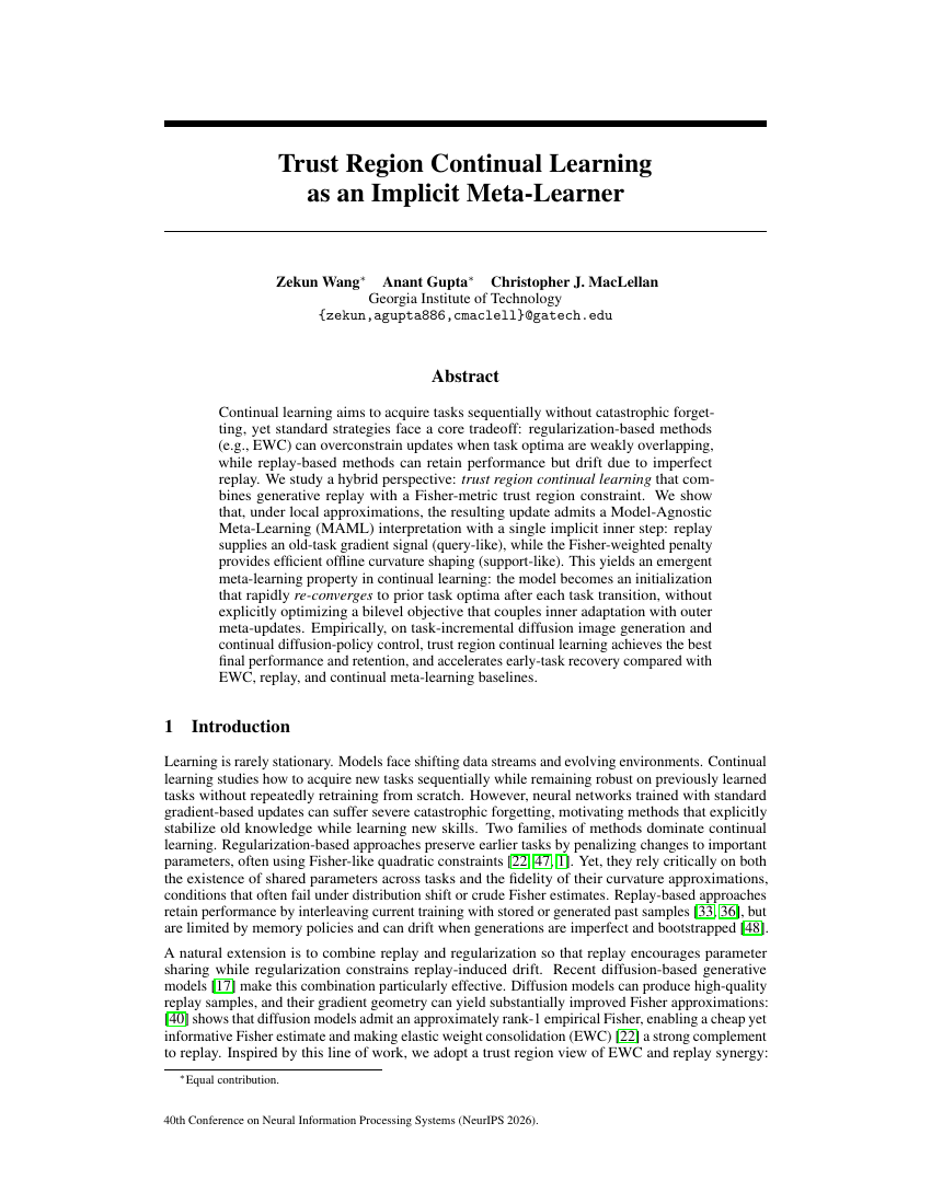 First page of Trust Region Continual Learning as an Implicit Meta-Learner